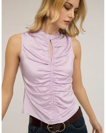 Top cu aspect de satin si detalii drapate, Lila