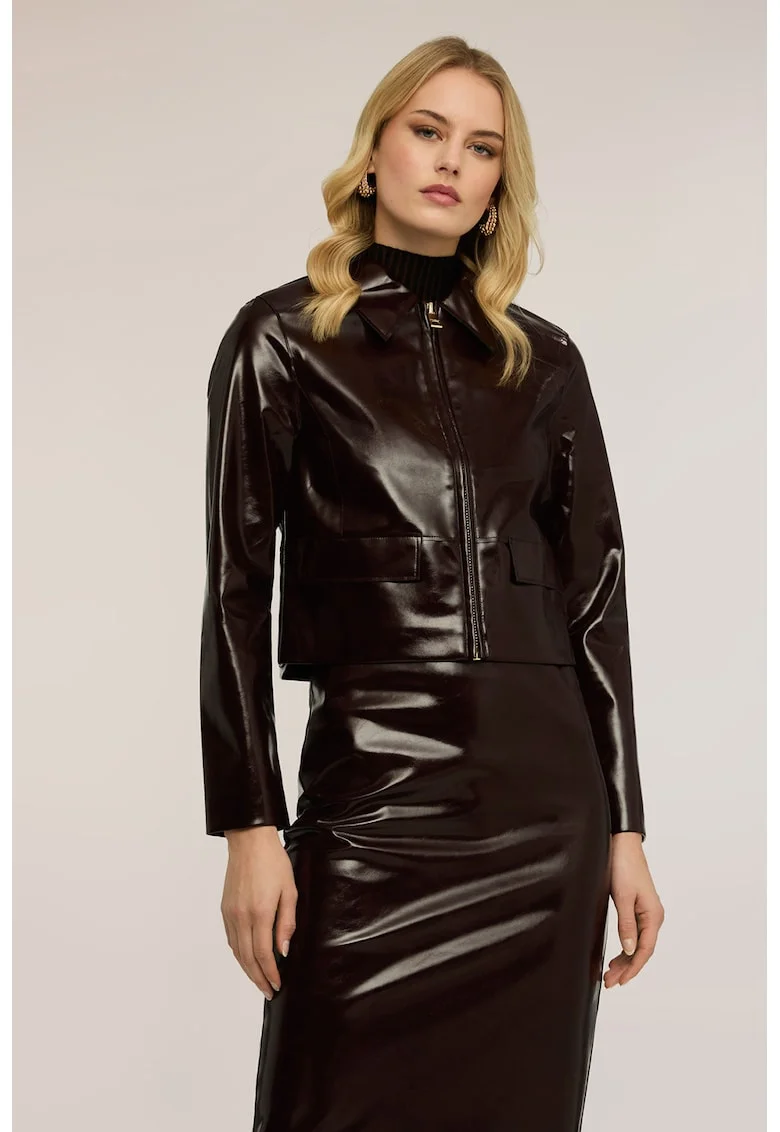 Jacheta biker din piele ecologica cu fermoar, Maro inchis