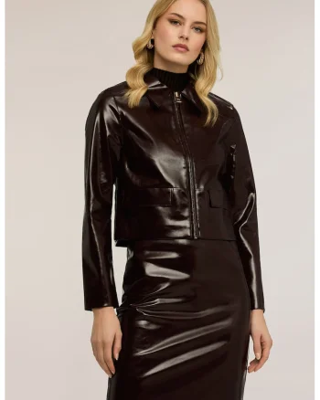 Jacheta biker din piele ecologica cu fermoar, Maro inchis