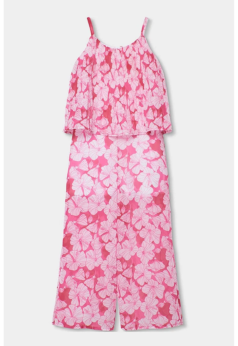 Salopeta maxi cu imprimeu tropical, Alb/Roz aprins