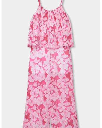 Salopeta maxi cu imprimeu tropical, Alb/Roz aprins