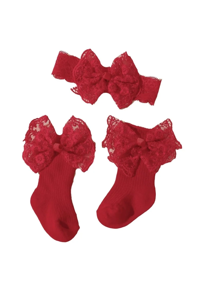 Set Accesorii  Bentita si Sosete Dantela, Rosu, Universale