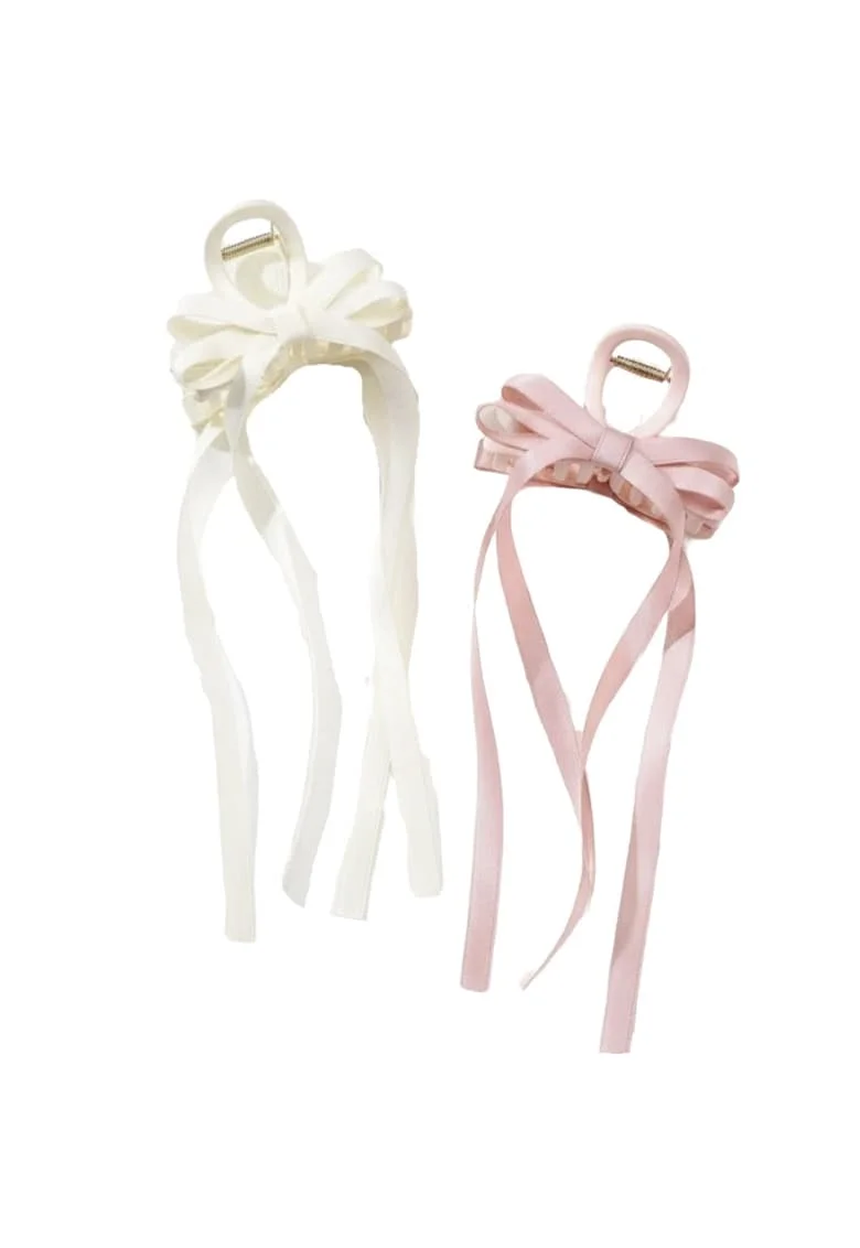 Set 2 Clame de Par  cu Funda Satinata si Panglici, Stil Elegant, Marime Universala, Bej si Roz