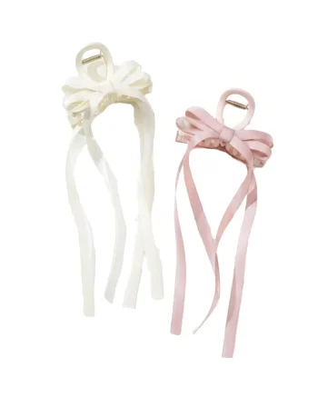 Set 2 Clame de Par  cu Funda Satinata si Panglici, Stil Elegant, Marime Universala, Bej si Roz