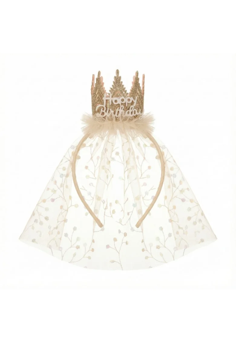 Bentita par fete  Coroana Happy Birthday Tulle Auriu Universal