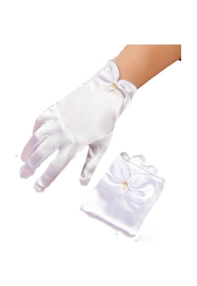 Manusi Albe Elegante din Satin cu Perla - Accesoriu Perfect pentru Ocazii Speciale