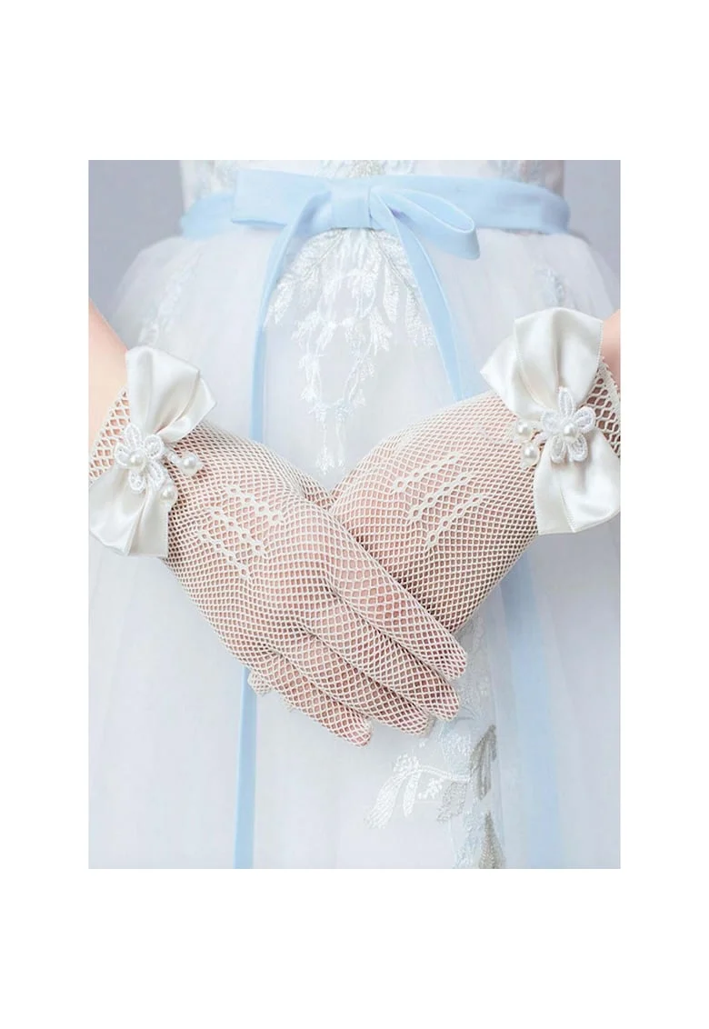 Manusi Elegante din Plasa cu Fundite din Satin si Perle – Accesoriu Rafinat pentru Ocazii Speciale