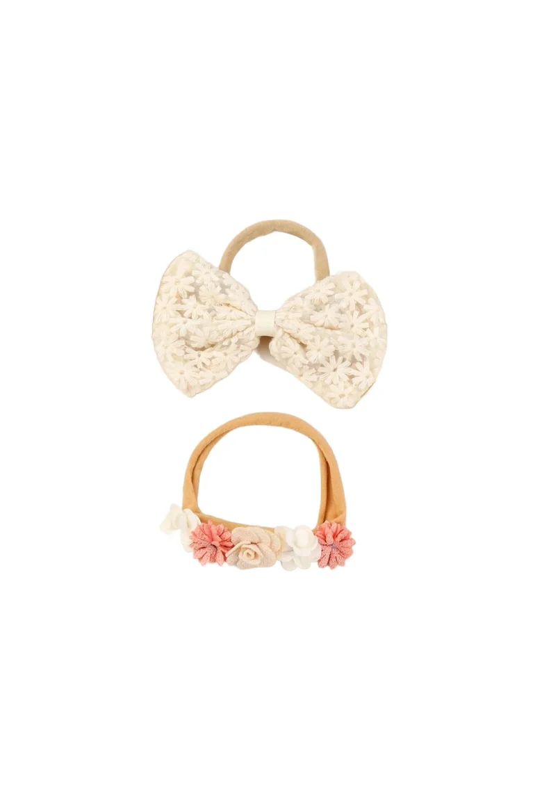 Bentite elegante fara presiune pentru fetite – Set 2 bucati, fundita si floricele delicate, roz & crem, confortabile si universale