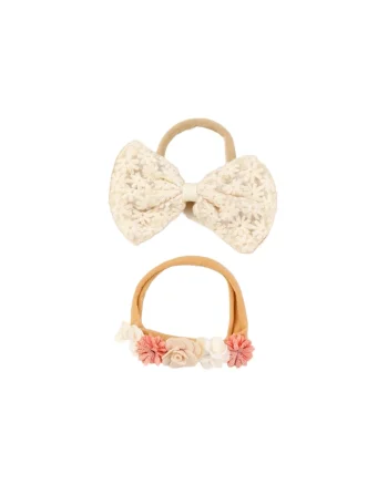 Bentite elegante fara presiune pentru fetite – Set 2 bucati, fundita si floricele delicate, roz & crem, confortabile si universale