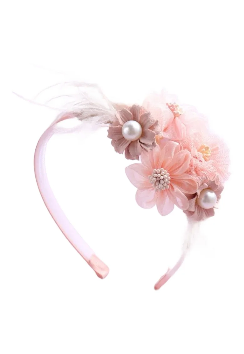 Bentita rigida fete  Chic, flori textile si perle, roz, marime universala