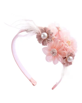 Bentita rigida fete  Chic, flori textile si perle, roz, marime universala