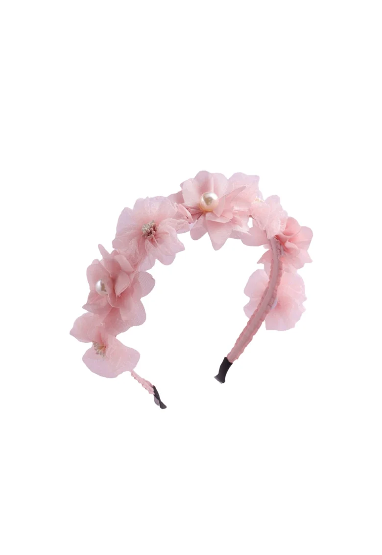 Bentita eleganta roz cu flori si perle – Accesoriu delicat pentru fetite, ideal pentru ocazii speciale si uz zilnic