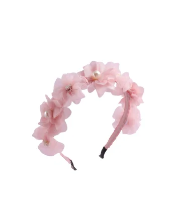 Bentita eleganta roz cu flori si perle – Accesoriu delicat pentru fetite, ideal pentru ocazii speciale si uz zilnic