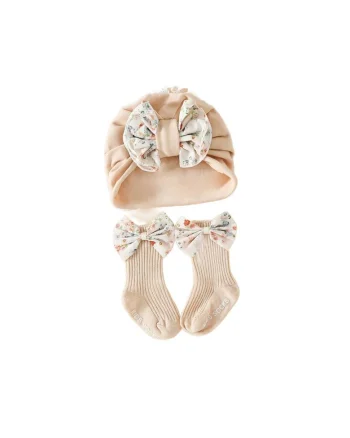 Set Elegant pentru Bebelusi: Sosete Antiderapante cu Fundite si Turban din Bumbac - Confort si Stil pentru Micile Printese