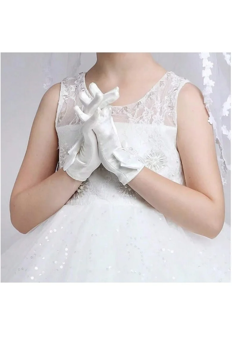 Manusi Elegante pentru Fetite – Satin cu Perle si Fundite, Accesoriu de Ocazie pentru Ceremonii si Evenimente Speciale