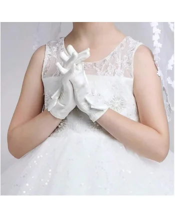 Manusi Elegante pentru Fetite – Satin cu Perle si Fundite, Accesoriu de Ocazie pentru Ceremonii si Evenimente Speciale