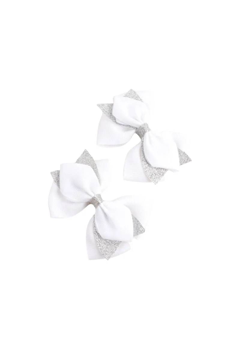 Set 2 Agrafe Fundita pentru Fetite - Accesorii Elegante din Material Premium, 10 cm, Alb cu Sclipici Argintiu, Potrivite pentru Zilnic si Ocazii Speciale