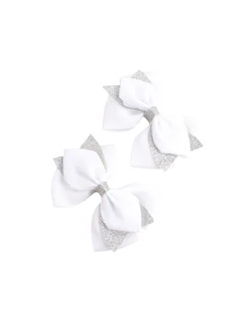 Set 2 Agrafe Fundita pentru Fetite - Accesorii Elegante din Material Premium, 10 cm, Alb cu Sclipici Argintiu, Potrivite pentru Zilnic si Ocazii Speciale