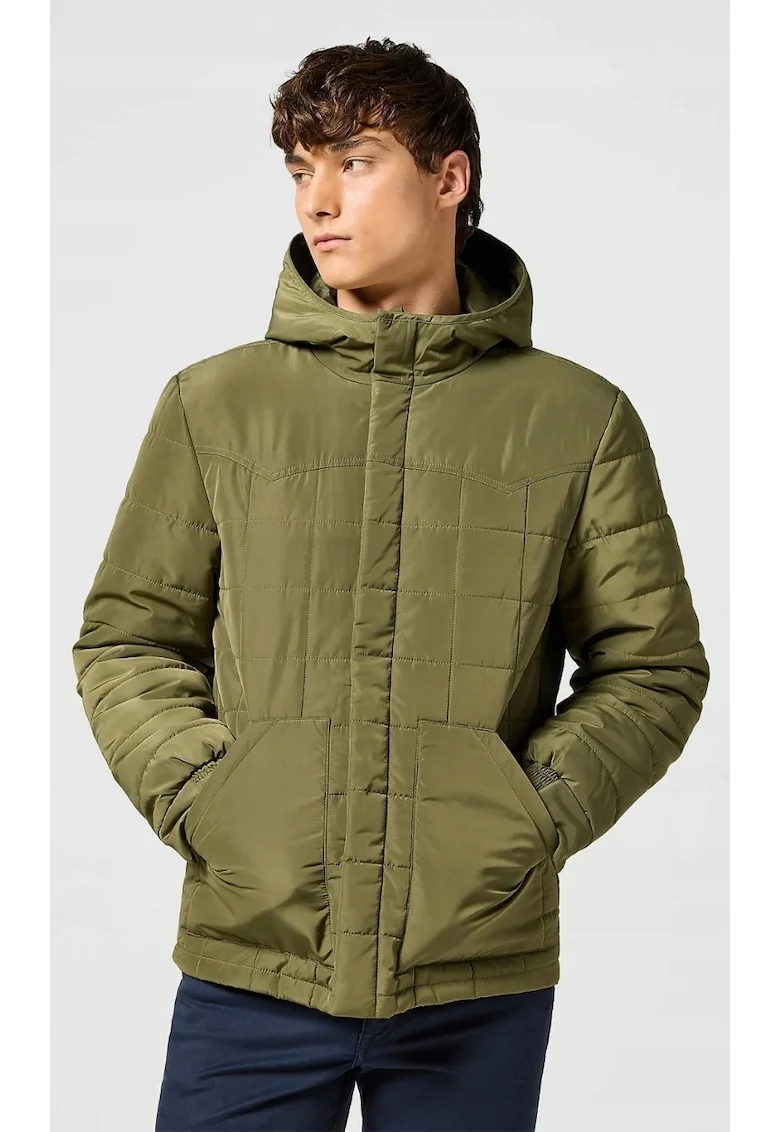 Geaca puf barbati,  model Transitional, verde, bumbac, gluga, fermoar