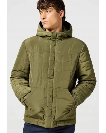 Geaca puf barbati,  model Transitional, verde, bumbac, gluga, fermoar