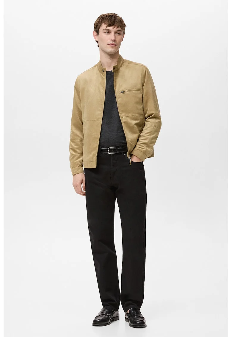 Jacheta biker din piele intoarsa sintetica, Bej