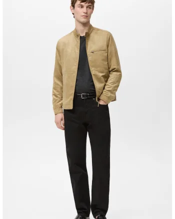 Jacheta biker din piele intoarsa sintetica, Bej