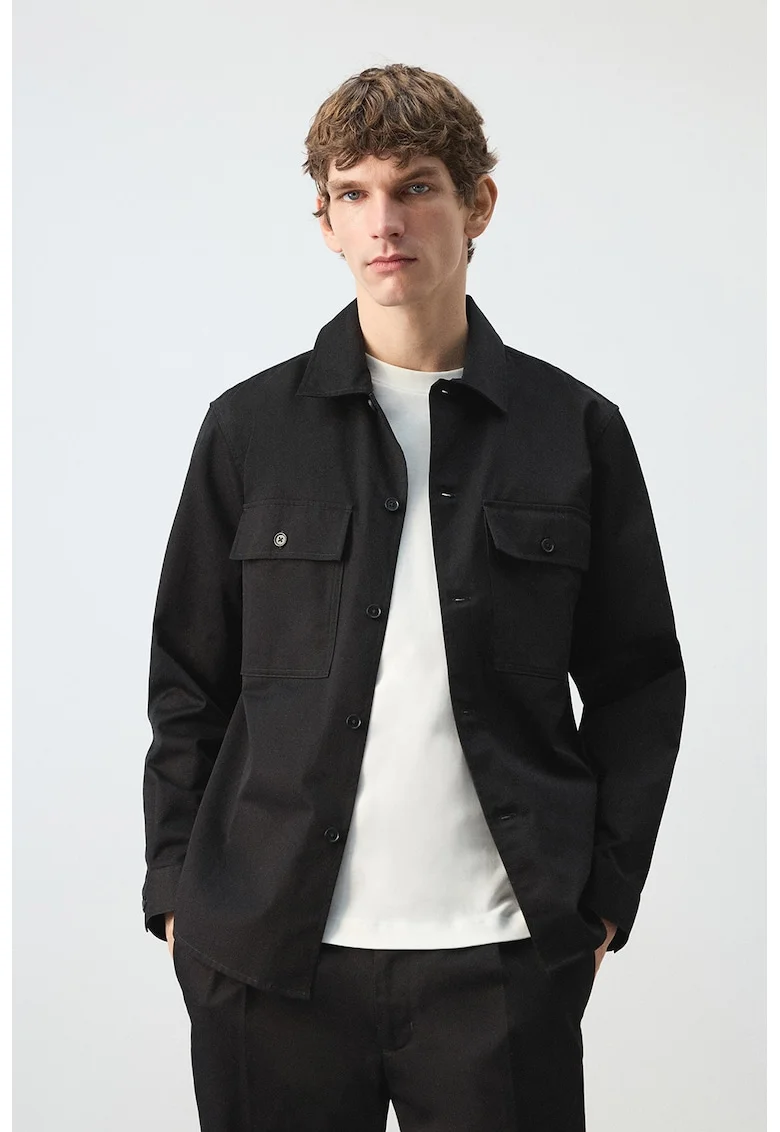 Jacheta-camasa din bumbac cu model uni, Negru