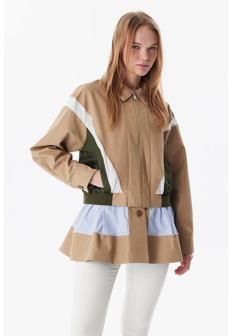 Jacheta cu fermoar si terminatie peplum, Albastru pastel/Maro camel