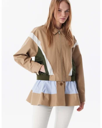 Jacheta cu fermoar si terminatie peplum, Albastru pastel/Maro camel