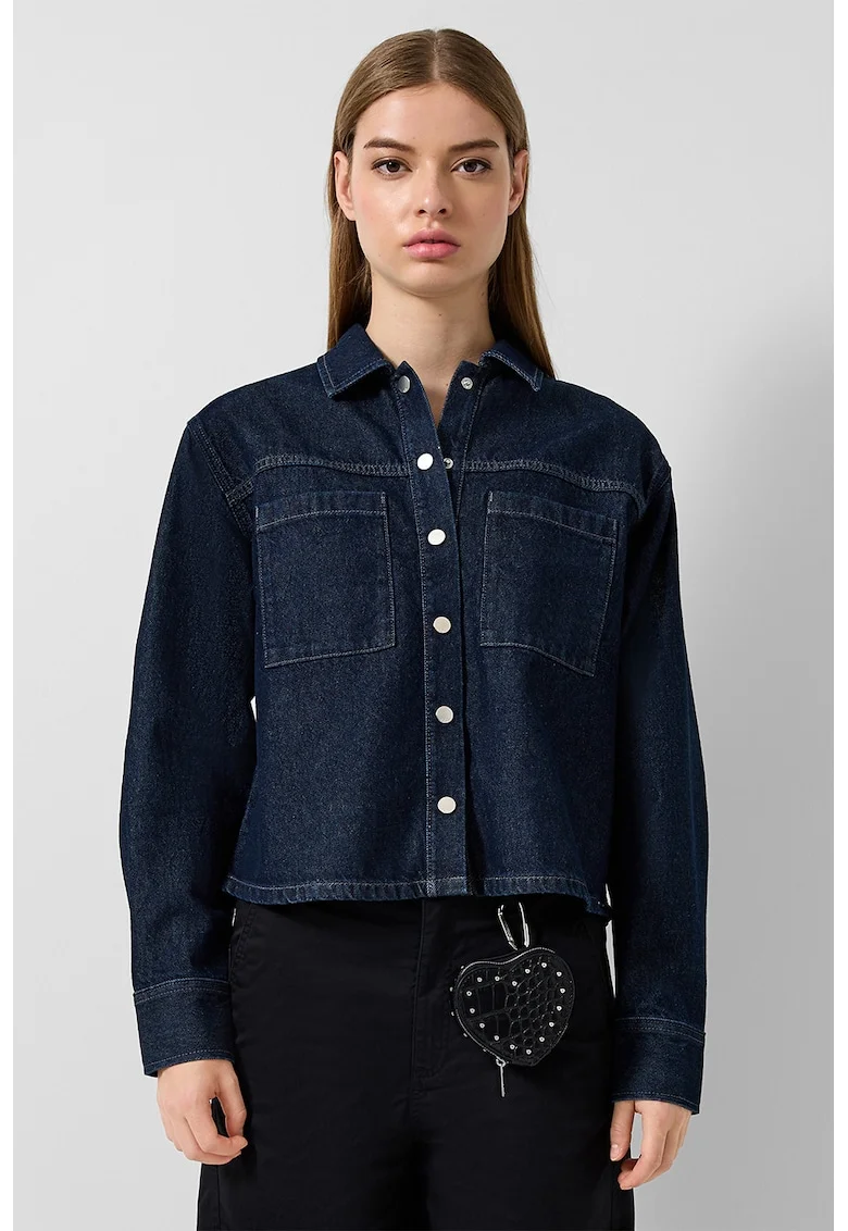 Jacheta lejera de denim cu buzunare pe piept, Bleumarin