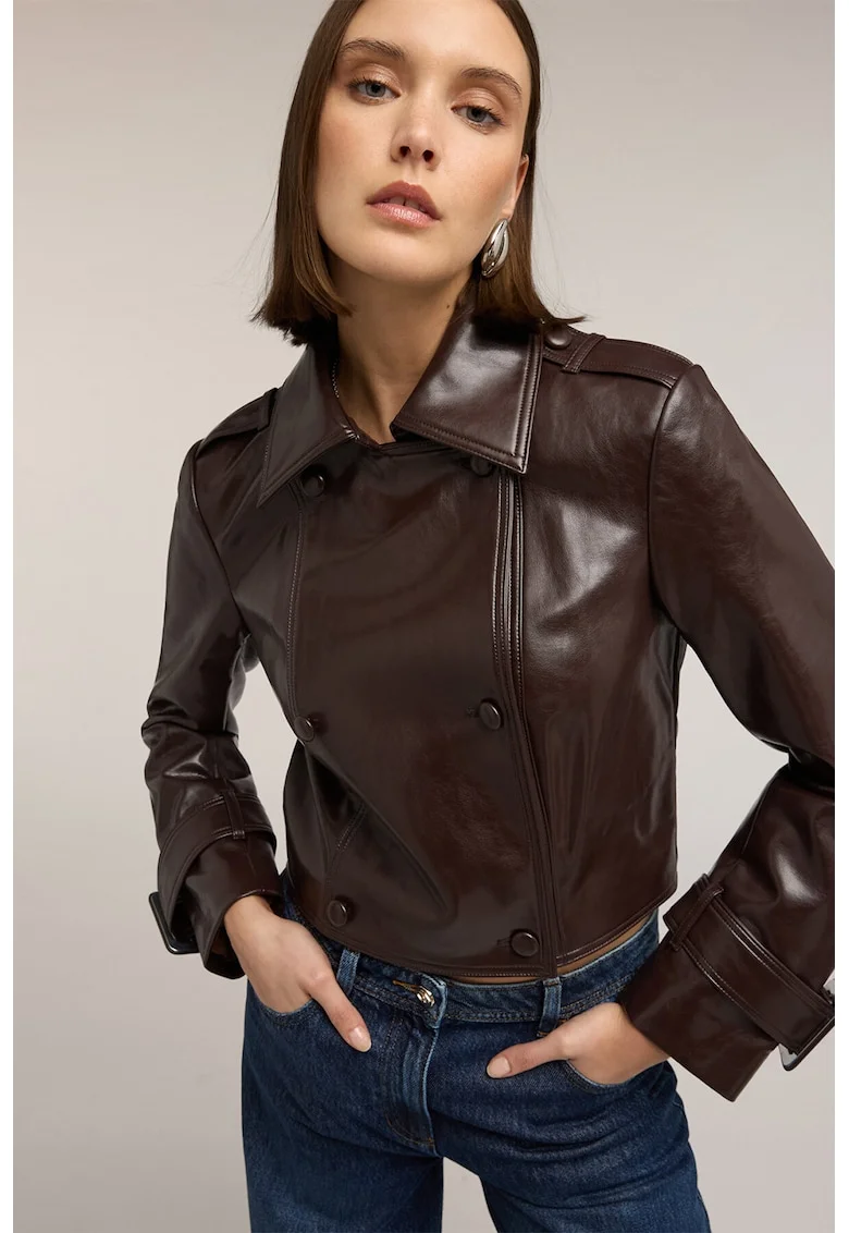 Jacheta crop din piele sintetica, Maro cognac