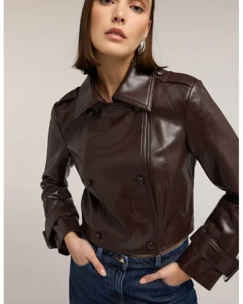 Jacheta crop din piele sintetica, Maro cognac