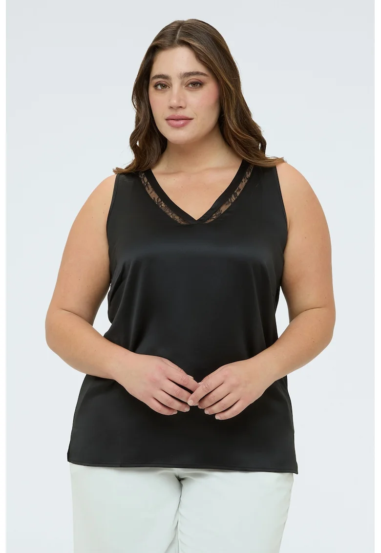 Top cu aspect de satin si insertii din dantela, Negru