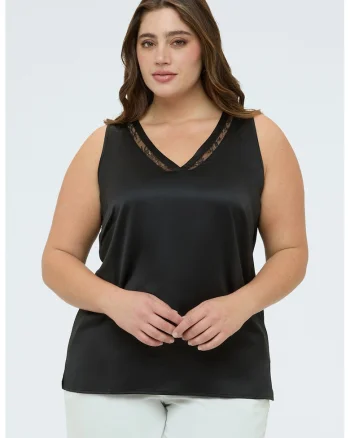 Top cu aspect de satin si insertii din dantela, Negru