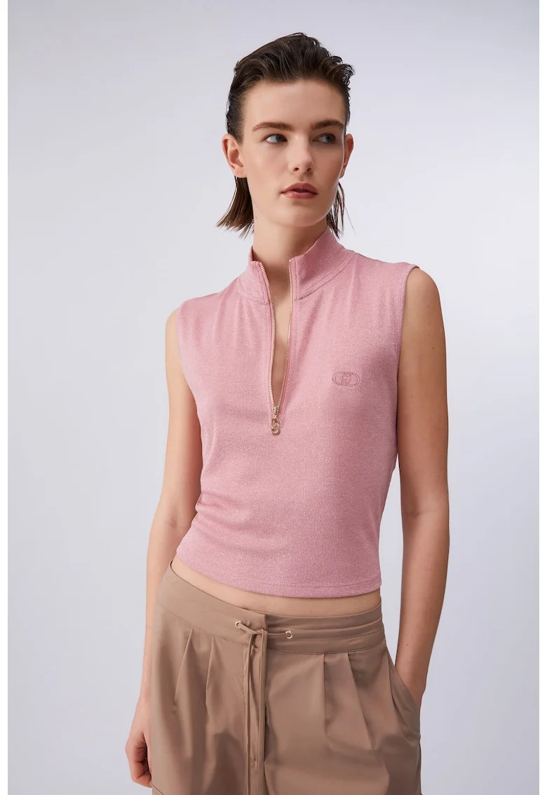 Top crop slim fit cu fenta scurta cu fermoar, Roz