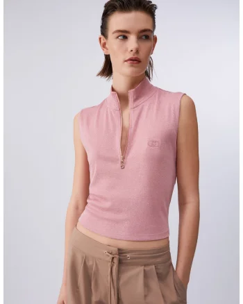 Top crop slim fit cu fenta scurta cu fermoar, Roz