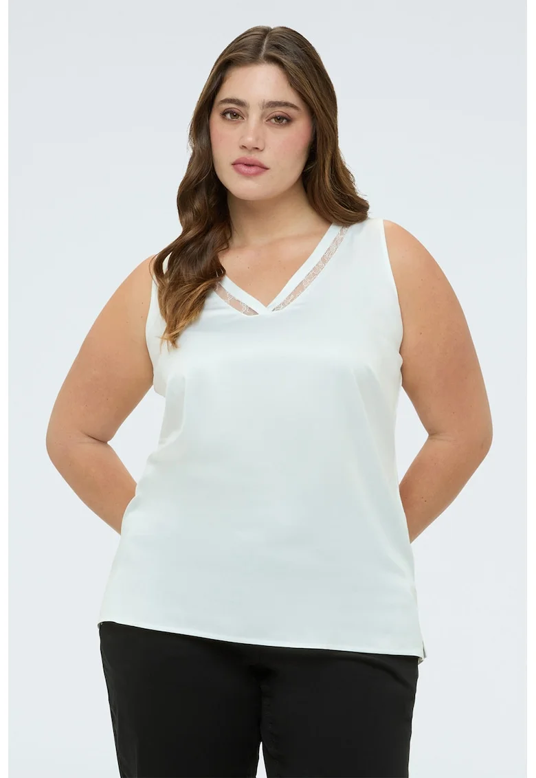 Top cu aspect de satin si insertii din dantela, Alb