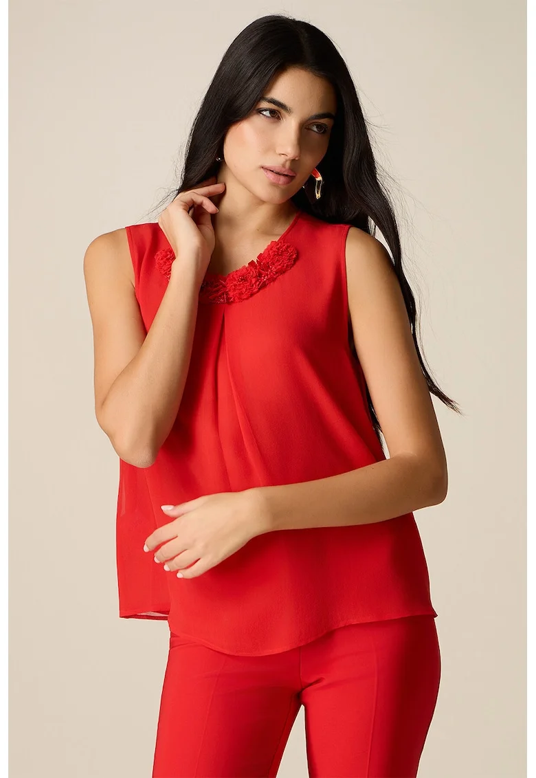 Top uni cu detalii florale, Rosu vermillion