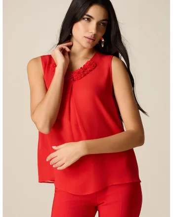 Top uni cu detalii florale, Rosu vermillion