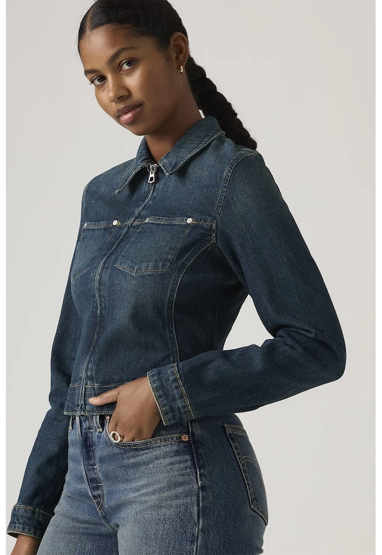 Jacheta din denim cambrata cu fermoar, Albastru prafuit