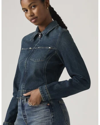 Jacheta din denim cambrata cu fermoar, Albastru prafuit