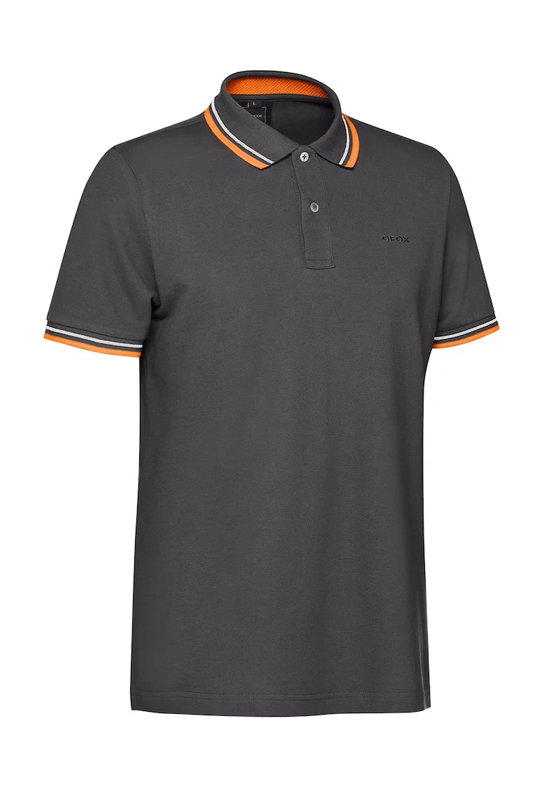 Tricou polo din bumbac cu benzi contrastante, Gri inchis