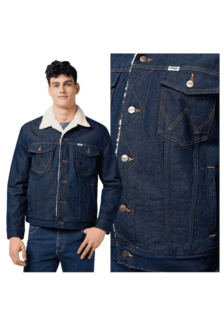 Jacheta Barbati,  Sherpa Denim Jacket, Regular Fit, Denim Design, Fara Gluga, Cu Nasturi, Bumbac, Marime M, Albastru