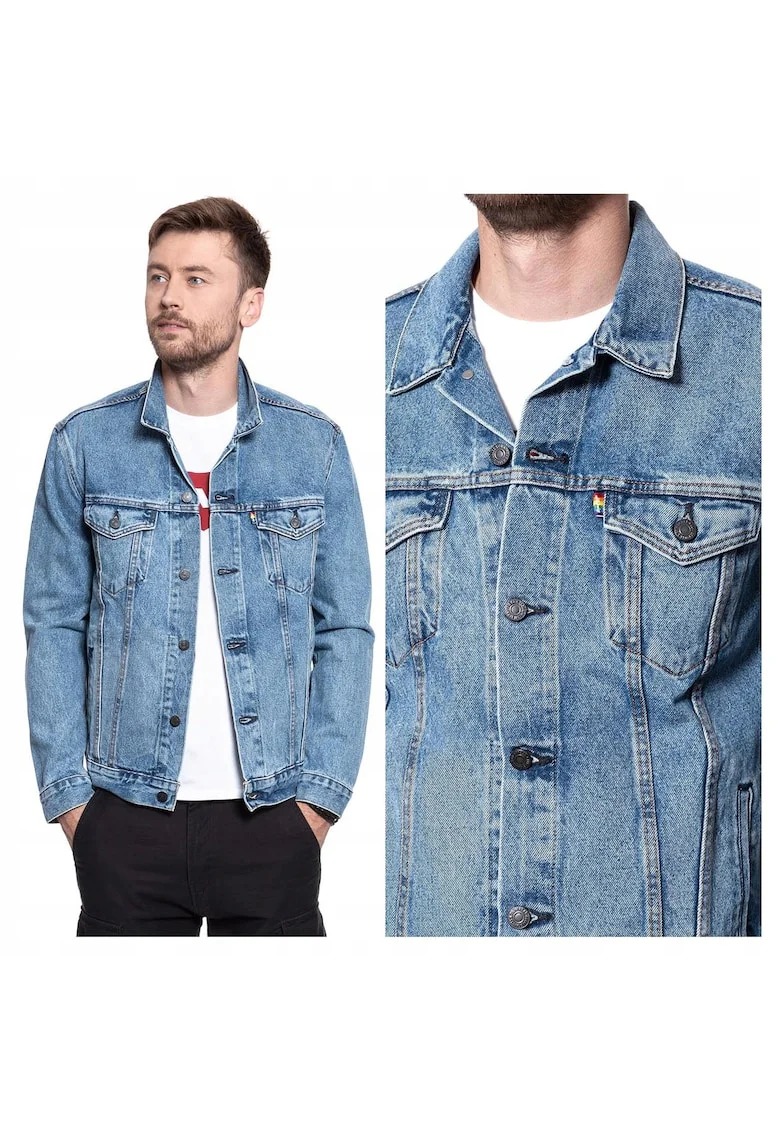 Jacheta Barbati,  Pride Community Trucker Jacket, Regular Fit, Denim Design, Fara Gluga, Cu Nasturi, Bumbac, Marime L, Albastru
