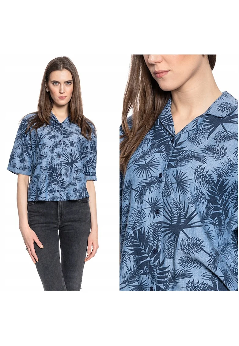 Camasa Dama,  Floral Resort Shirt, Regular Fit, Maneci Scurti, Floral Design, Cu Nasturi, Bumbac, Marime S, Albastru