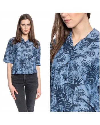 Camasa Dama,  Floral Resort Shirt, Regular Fit, Maneci Scurti, Floral Design, Cu Nasturi, Bumbac, Marime S, Albastru
