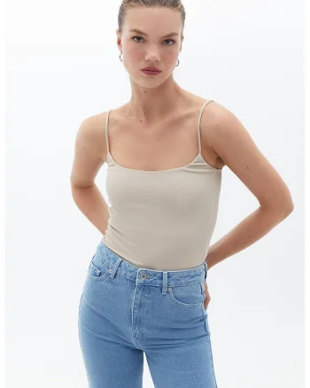 Top striat cu bretele inguste, Bej deschis