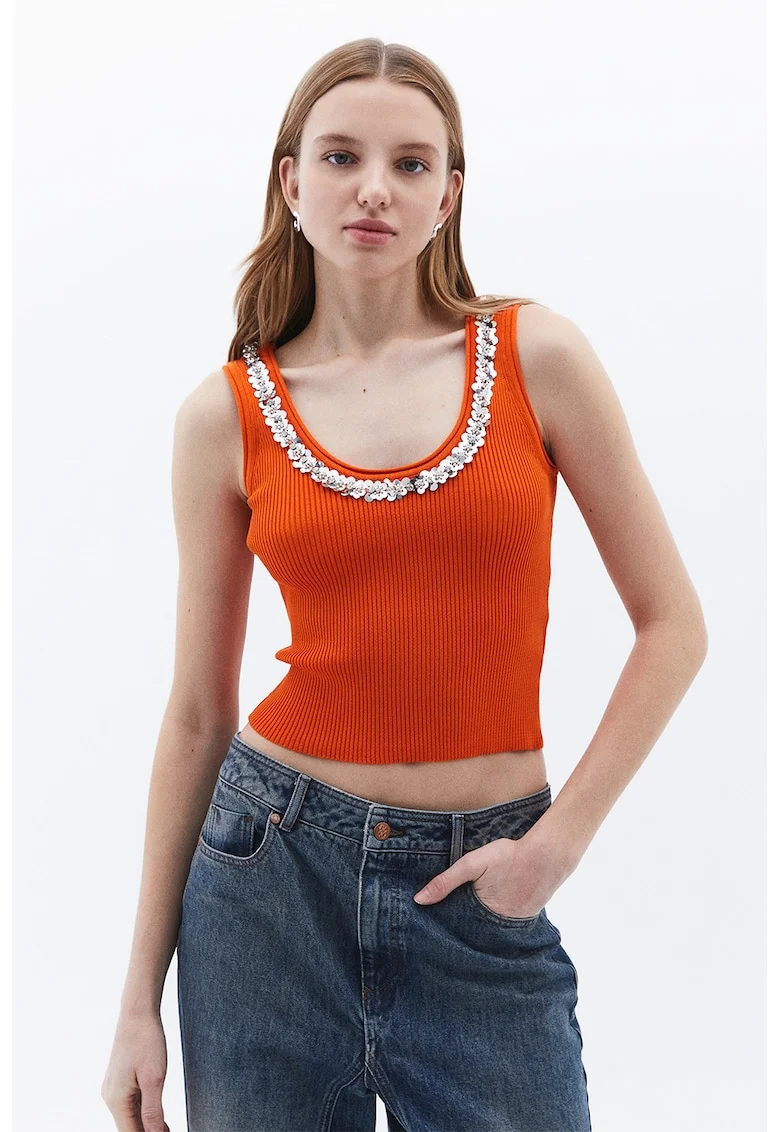 Top slim fit cu decolteu rotund, Coral