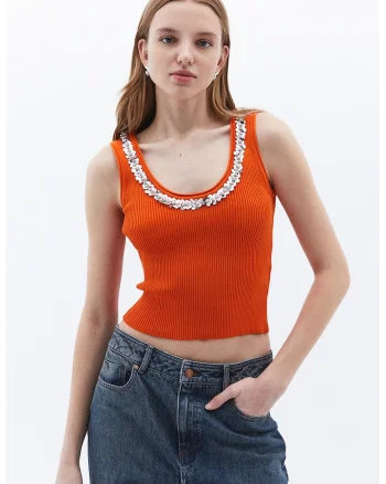 Top slim fit cu decolteu rotund, Coral