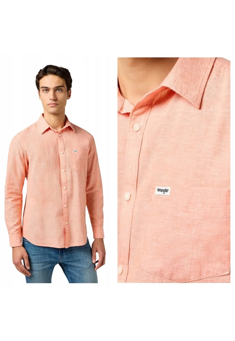 Camasa Barbati,  1PKT Shirt, Regular Fit, Maneci Lungi, Cu Nasturi, Design Clasic, Bumbac, Portocaliu, Portocaliu